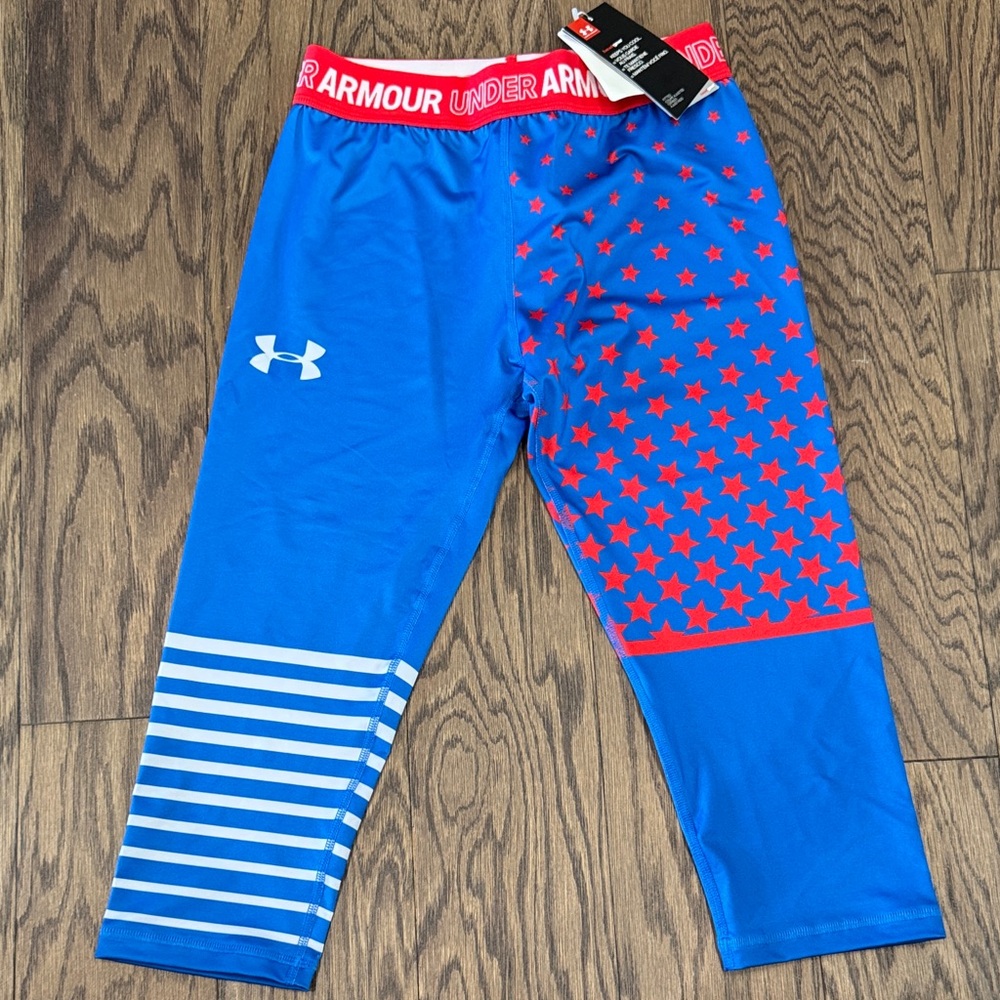Under Armour Blue Leggings with Red Stars. NEW WITH TAGS